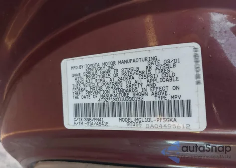 2001 Toyota Sienna Le из США, поврежденный, VIN 4T3ZF13C01U390192